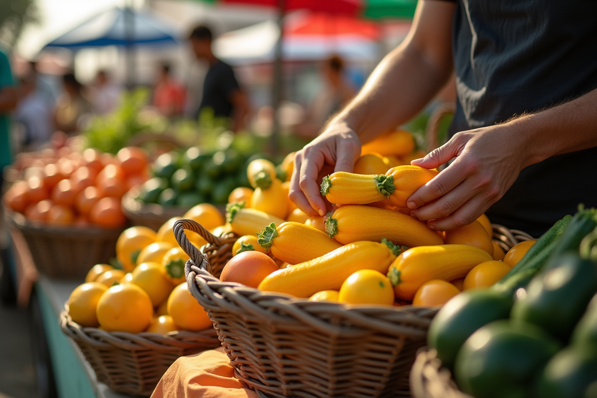 Vendeur arrangeant des zucchinis au marché