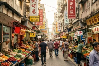 Marché urbain animé dans une mégapole asiatique surpeuplée avec des vendeurs et des piétons reflétant la densité humaine mondiale