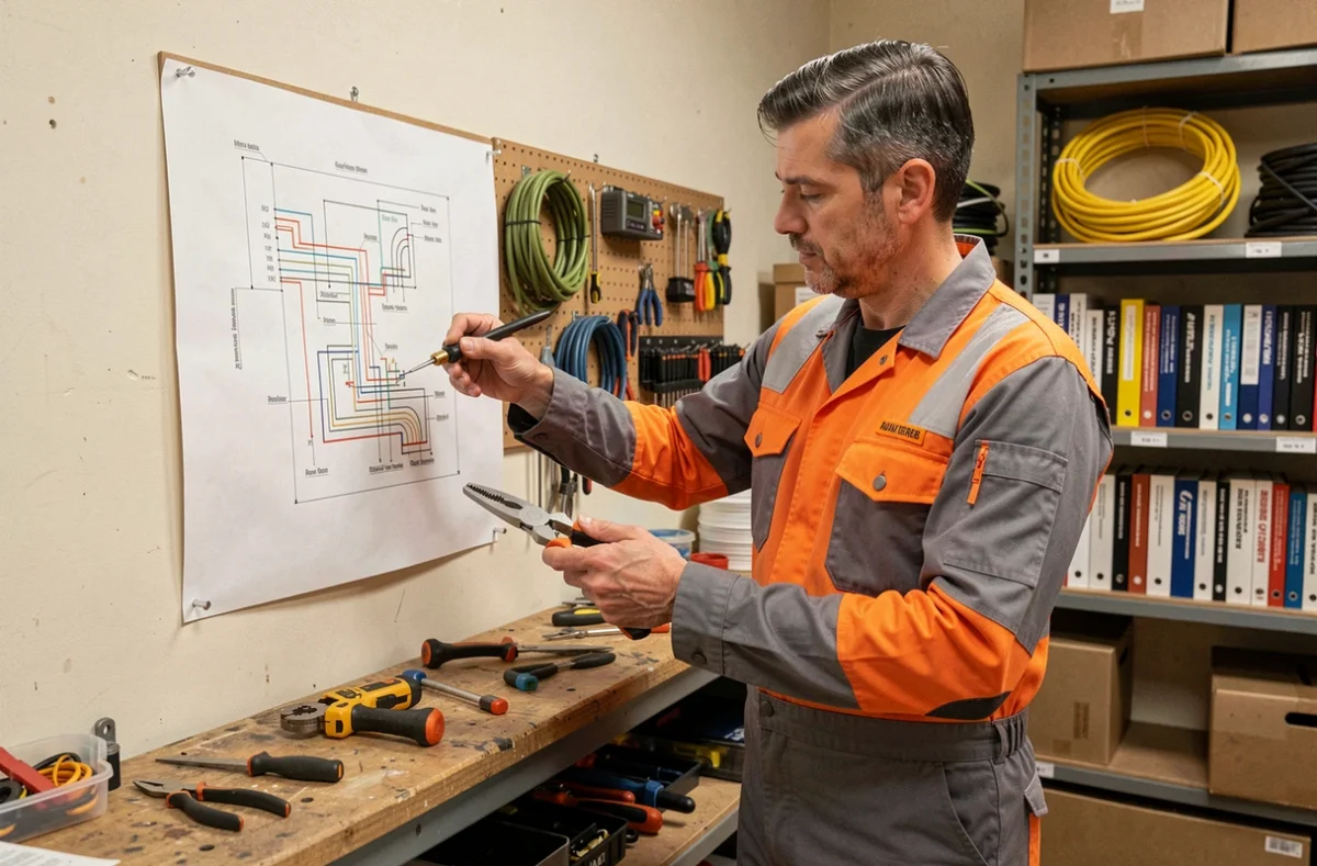 Électricien polyvalent consultant des plans électriques dans un atelier commercial à Roubaix