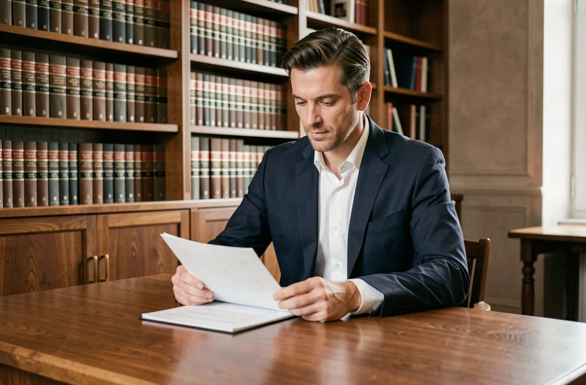 Avocat Meynadier assis à son bureau en bois dans son cabinet de Nîmes, consultant des documents juridiques
