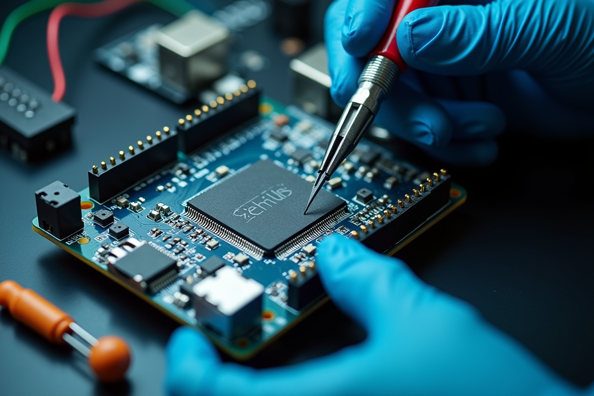Technicien assemble Gertduino avec pinces précises en gros plan