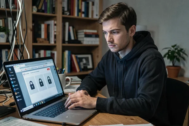 Homme en sweat à capuche naviguant anonymement sur internet depuis un bureau à domicile en 2026