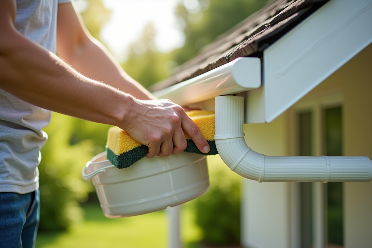 Personne nettoyant un soffit en PVC blanc au soleil