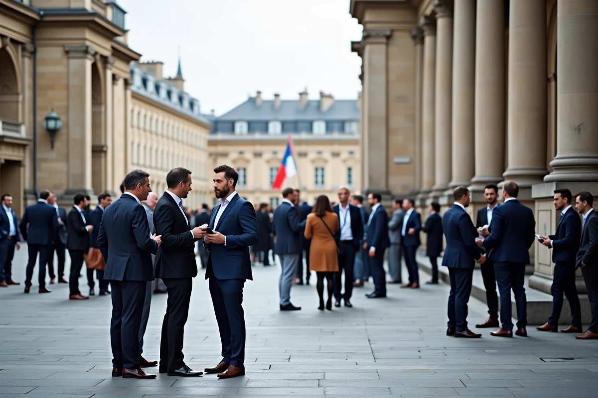 Participants d'un congrès international en pause networking devant un bâtiment officiel parisien