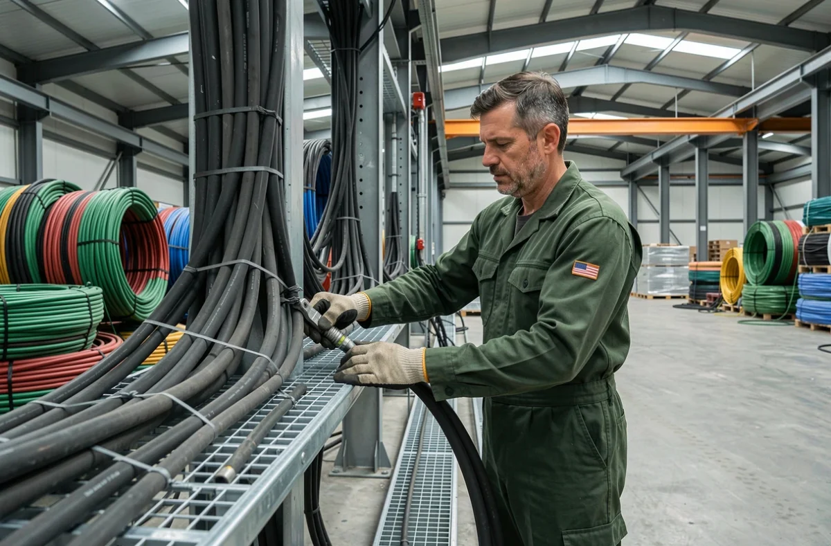 Technicien spécialisé dans le câblage industriel organisant des câbles sur des chemins de câbles à Roubaix