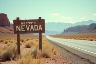 Panneau d'entrée de ville du Nevada planté au bord d'une route désertique avec formations rocheuses et sagebrush en arrière-plan