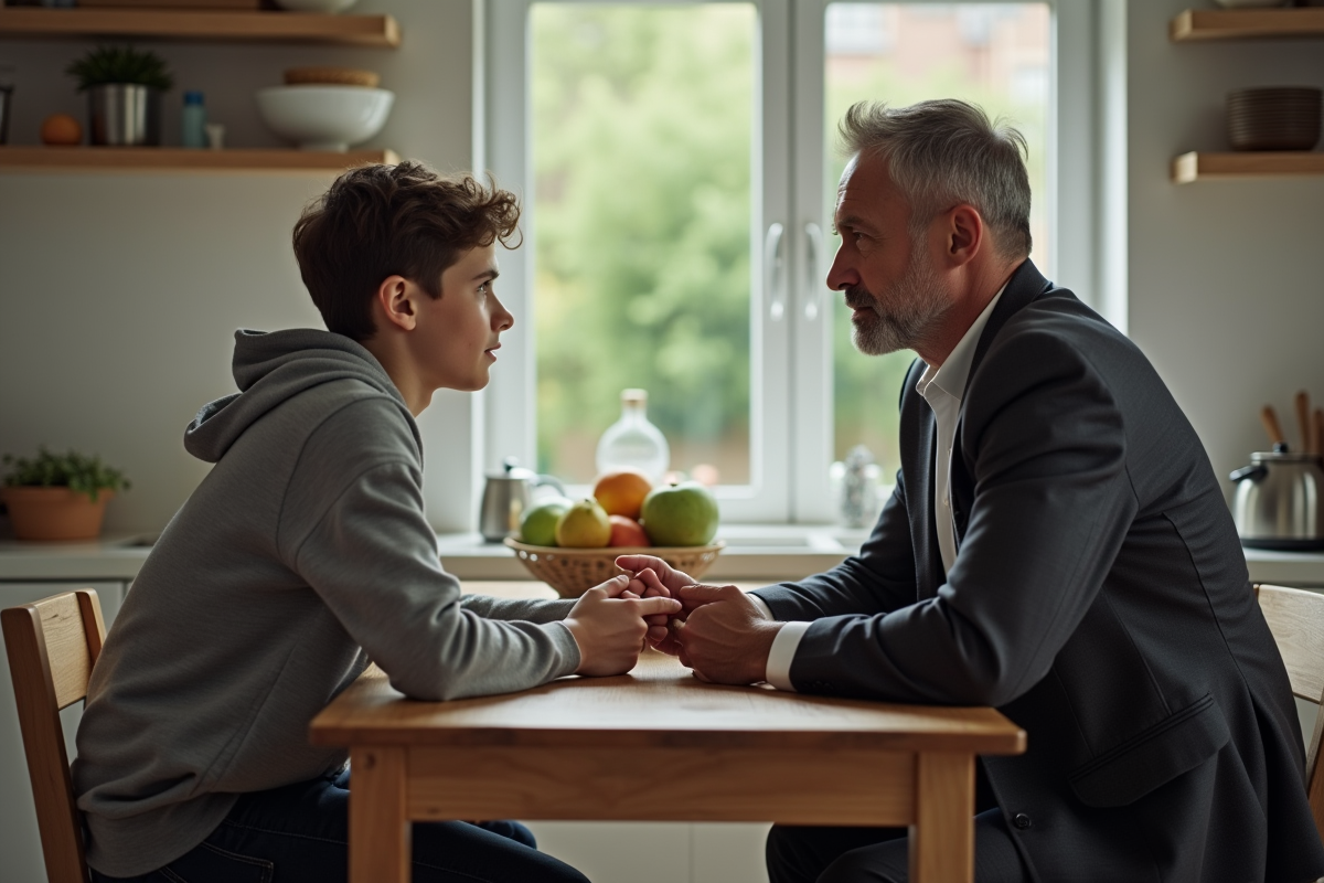 Pere et adolescent parlent à la table de cuisine