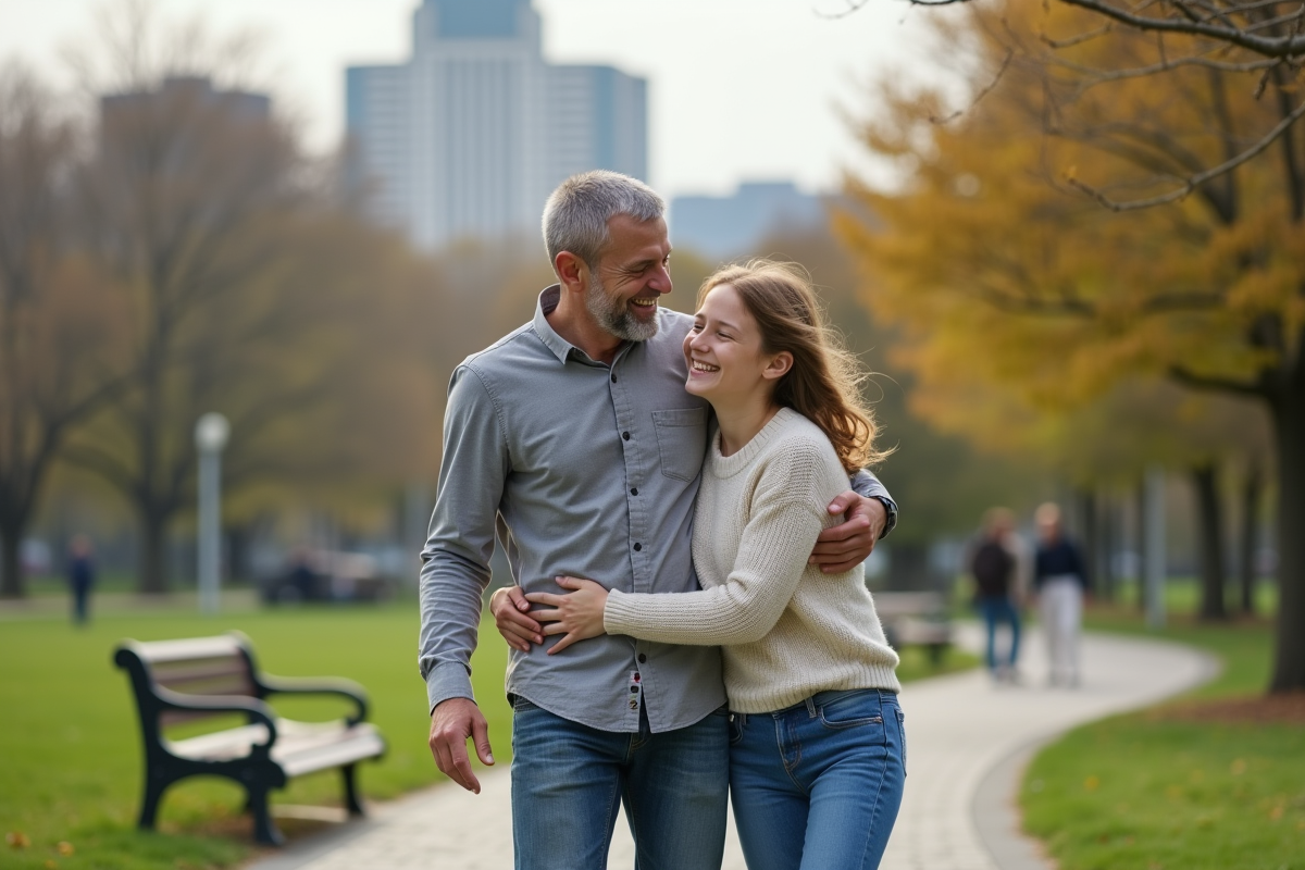 Père et fille riant en se promenant dans un parc urbain