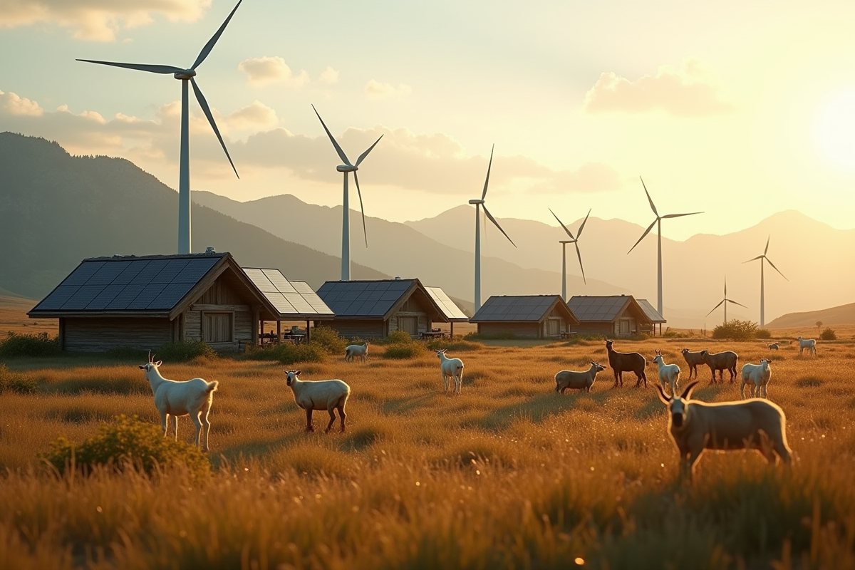 Paysage rural avec moulins a vent et panneaux solaires en harmonie