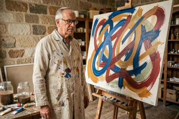 Peintre français du 20ème siècle dans un atelier parisien devant une toile abstraite sur chevalet