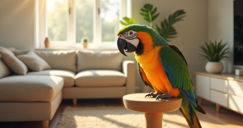 Perroquet parlant coloré dans un salon lumineux