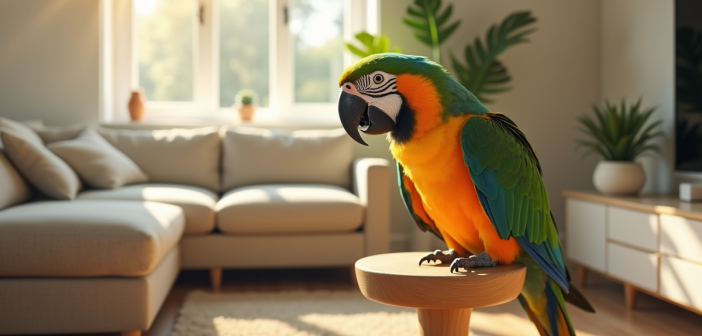 Perroquet parlant coloré dans un salon lumineux