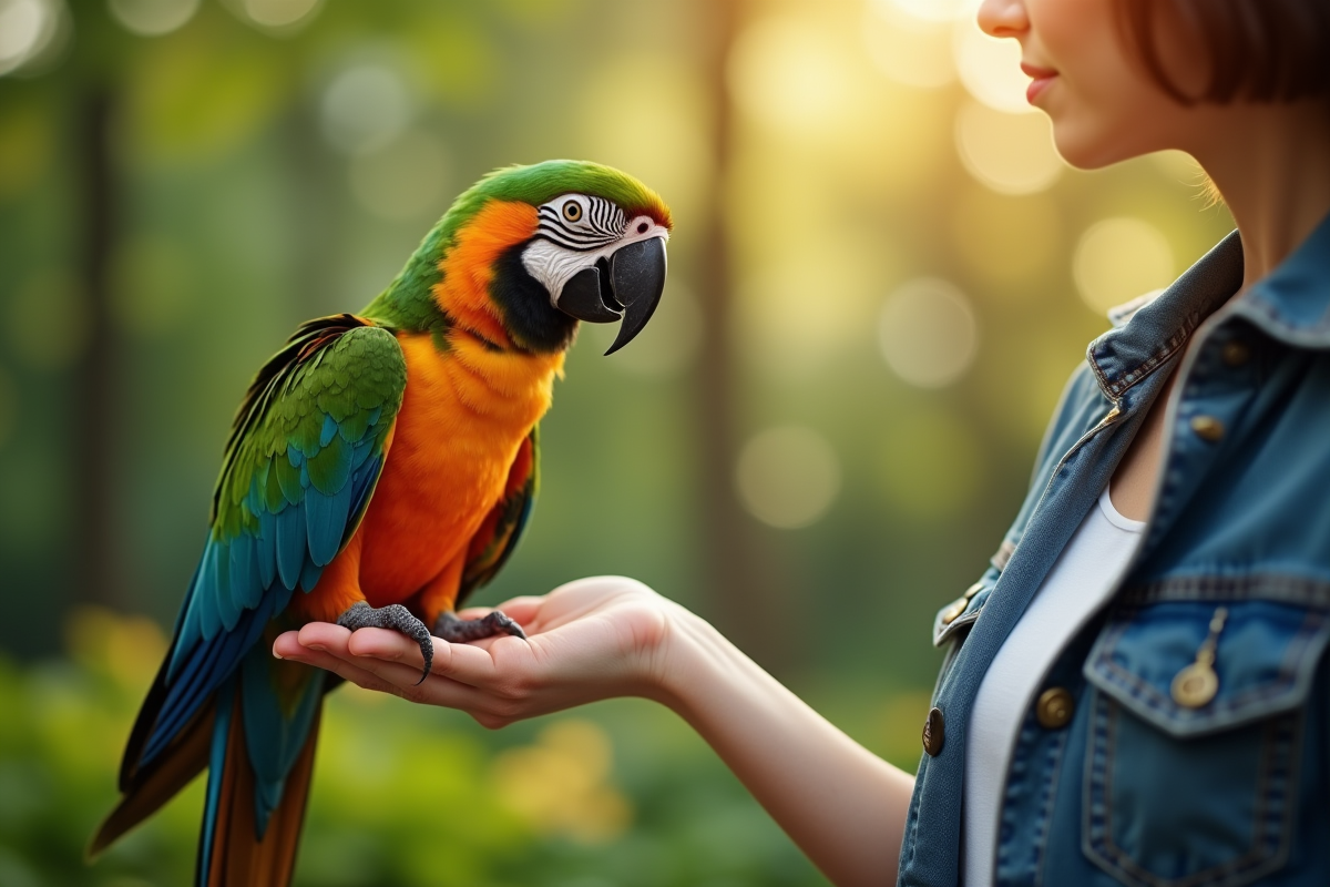 Personne tenant un perroquet dans un jardin verdoyant