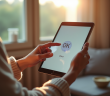 Personne tenant une tablette avec l'assistant Google visible dans un salon lumineux