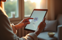 Personne tenant une tablette avec l'assistant Google visible dans un salon lumineux