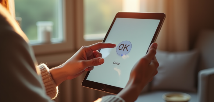 Personne tenant une tablette avec l'assistant Google visible dans un salon lumineux