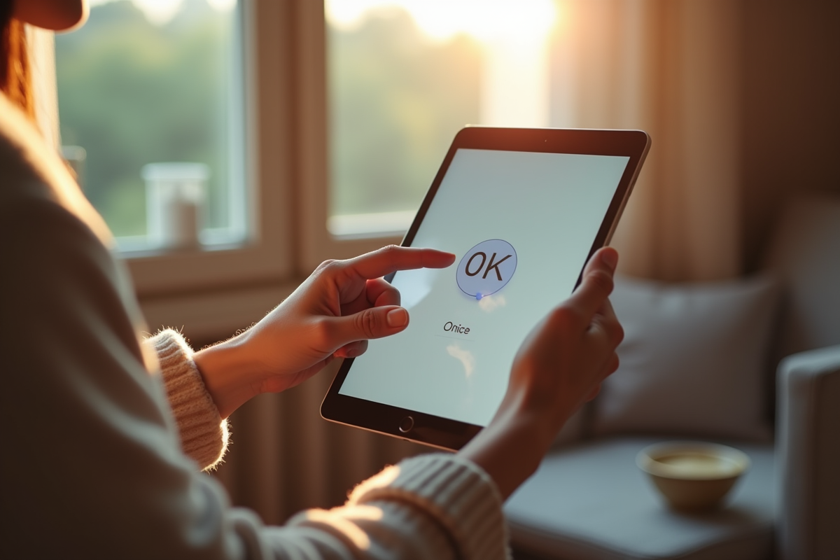 Personne tenant une tablette avec l'assistant Google visible dans un salon lumineux