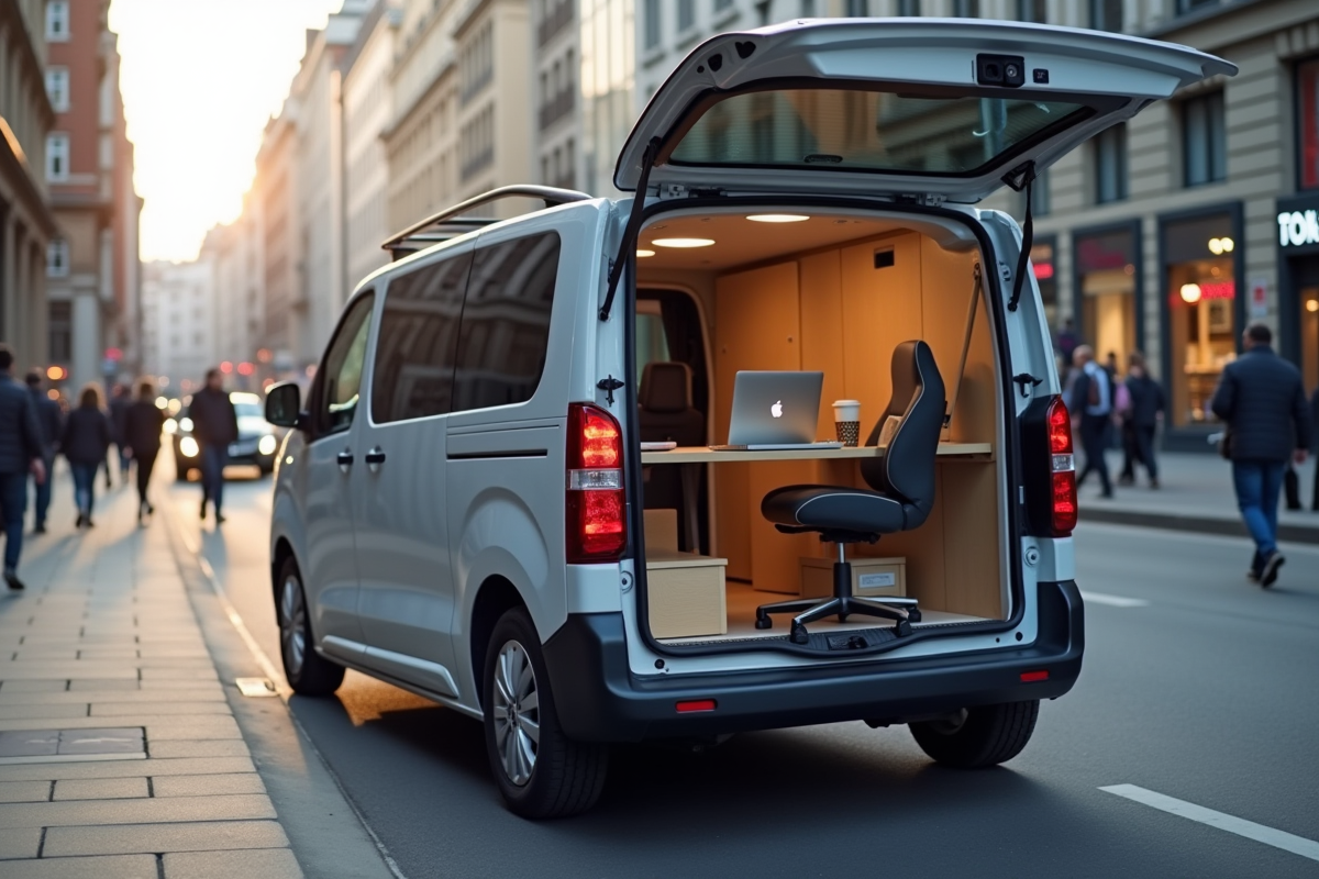 Expert Peugeot transformé en bureau mobile en ville en journée