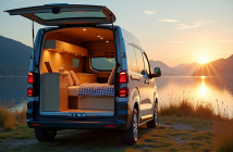 Véhicule Peugeot Expert aménagé au bord du lac au lever du soleil