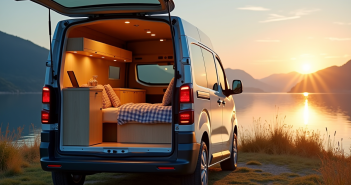 Véhicule Peugeot Expert aménagé au bord du lac au lever du soleil
