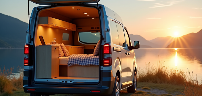 Véhicule Peugeot Expert aménagé au bord du lac au lever du soleil