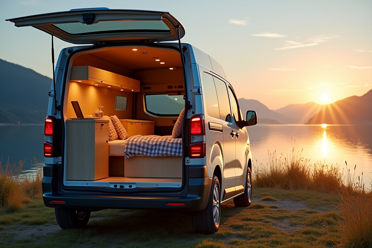 Véhicule Peugeot Expert aménagé au bord du lac au lever du soleil