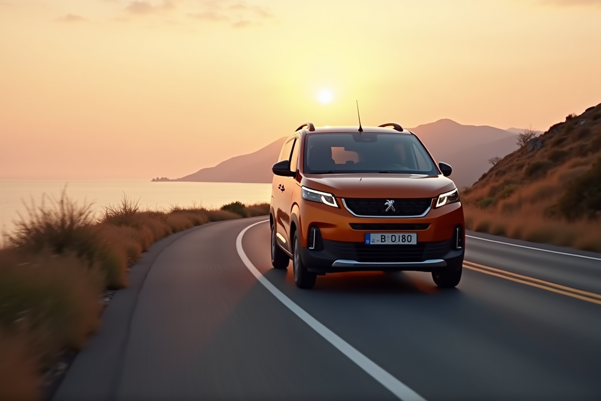 Peugeot Rifter 2024 roulant sur une route côtière au coucher du soleil