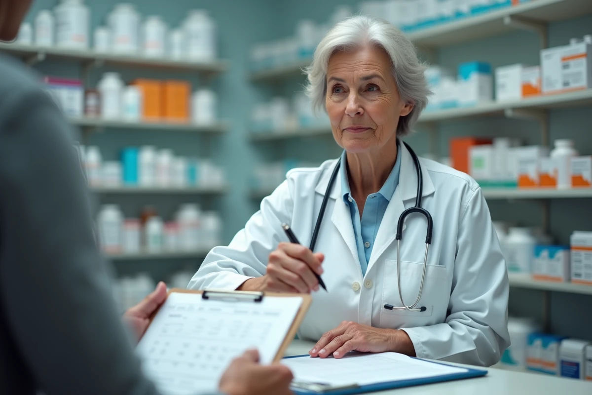 Pharmacienne expliquant à un patient le bon moment de la journée pour prendre ses médicaments, matin ou après-midi