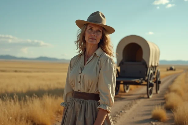 Femme pionniere du XIXe siècle en prairie poussiereuse