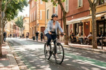 Cycliste femme sur une piste cyclable au centre-ville de Perpignan avec marquages verts au sol et façades méditerranéennes