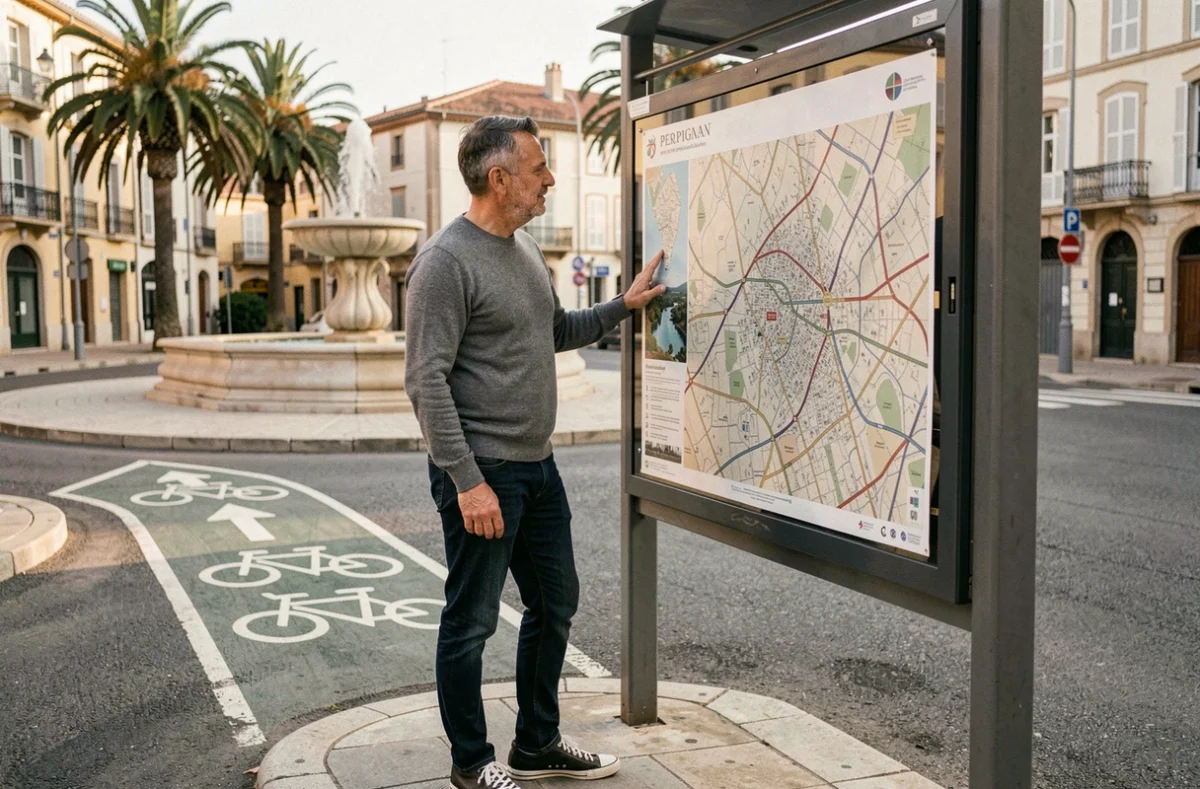 Homme consultant un plan vélo sur un panneau d'information dans une place du centre-ville de Perpignan