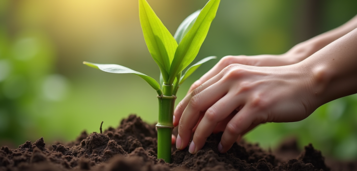 Mains plantant un jeune bambou dans la terre humide au matin
