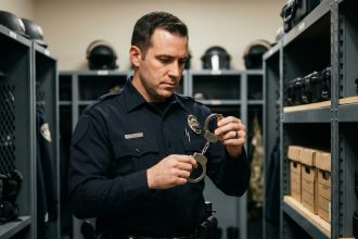 Policier inspectant des menottes réglementaires dans une salle d'équipement de commissariat