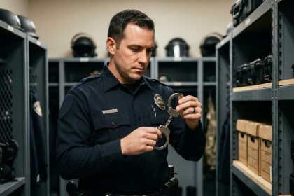 Policier inspectant des menottes réglementaires dans une salle d'équipement de commissariat