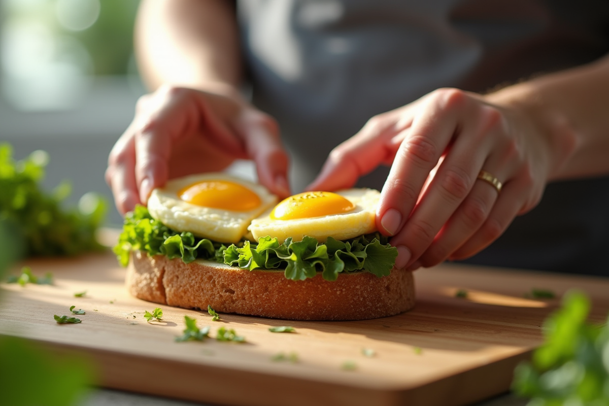 Mains préparant un sandwich avec œuf et légumes frais