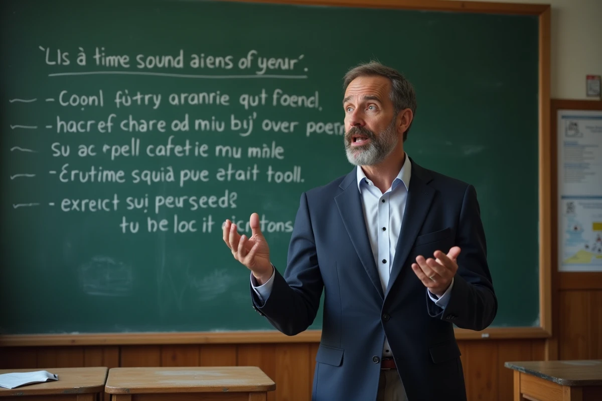 Professeur expliquant la poésie devant un tableau noir en classe