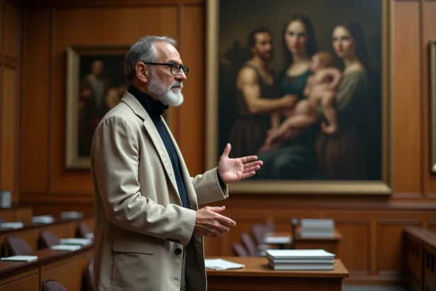 Professeur d'histoire de l'art présentant une reproduction de peinture célèbre dans un amphithéâtre universitaire