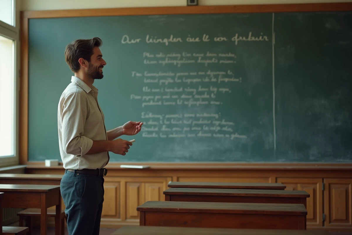 Professeur écrivant un poème original au tableau dans une salle de classe à la rentrée