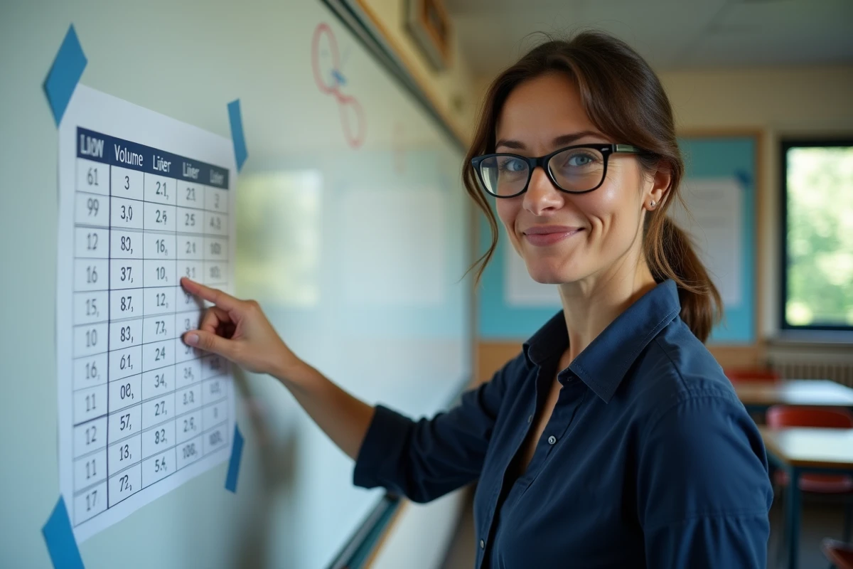 Professeure de sciences devant un tableau de conversion des unités de volume litre et cm3 en salle de classe