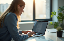 Professionnel au bureau moderne utilisant un ordinateur portable