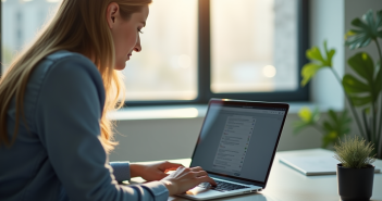 Professionnel au bureau moderne utilisant un ordinateur portable