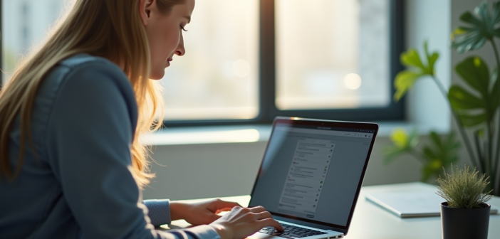 Professionnel au bureau moderne utilisant un ordinateur portable