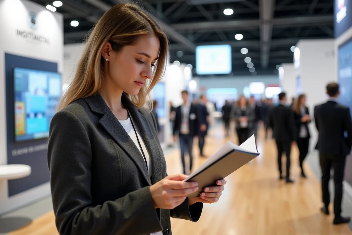 Professionnelle consultant le programme d'un congrès notarial international à Paris en 2026