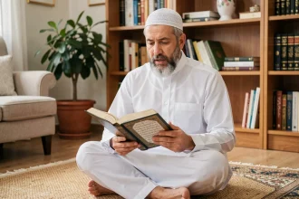 Homme récitant le Coran en arabe avec tajwid, assis sur un tapis de prière dans une salle d'étude islamique
