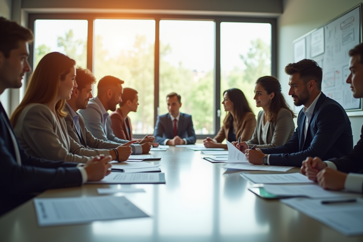 Réunion d'affaires dans un bureau moderne avec documents et équipe diverse