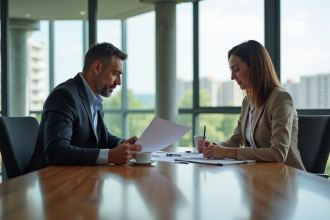 Homme et femme d affaires examinant des documents dans une salle moderne