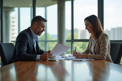 Homme et femme d affaires examinant des documents dans une salle moderne