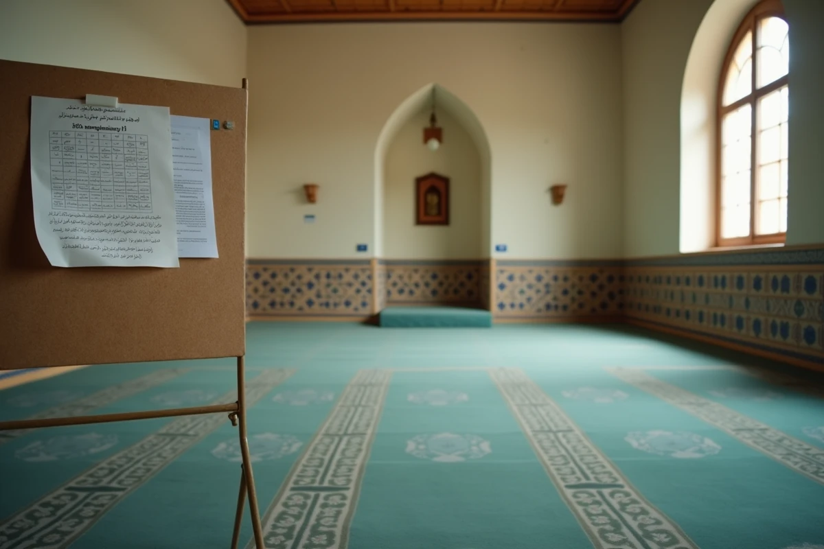 Salle de prière d'une mosquée à Le Blanc-Mesnil avec tableau des horaires affiché