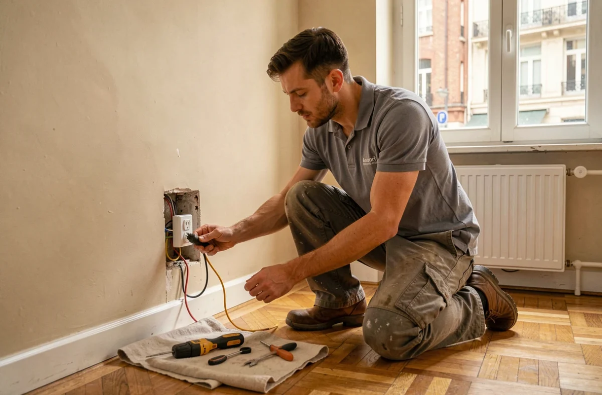 Électricien indépendant remplaçant une prise électrique dans un appartement résidentiel à Roubaix