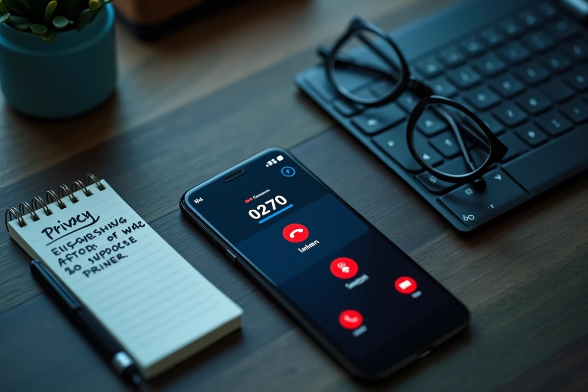 Gros plan d'un smartphone affichant un numéro inconnu 0270 sur un bureau, évoquant la protection des données personnelles